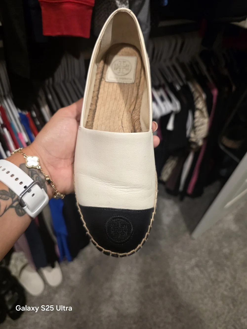 Tory Burch Two-Tone Leather Espadrille Flat — Cream and Black